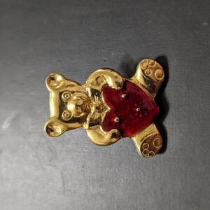 Gold Tone Teddy Bear with Red Enamel Heart Pin Brooch